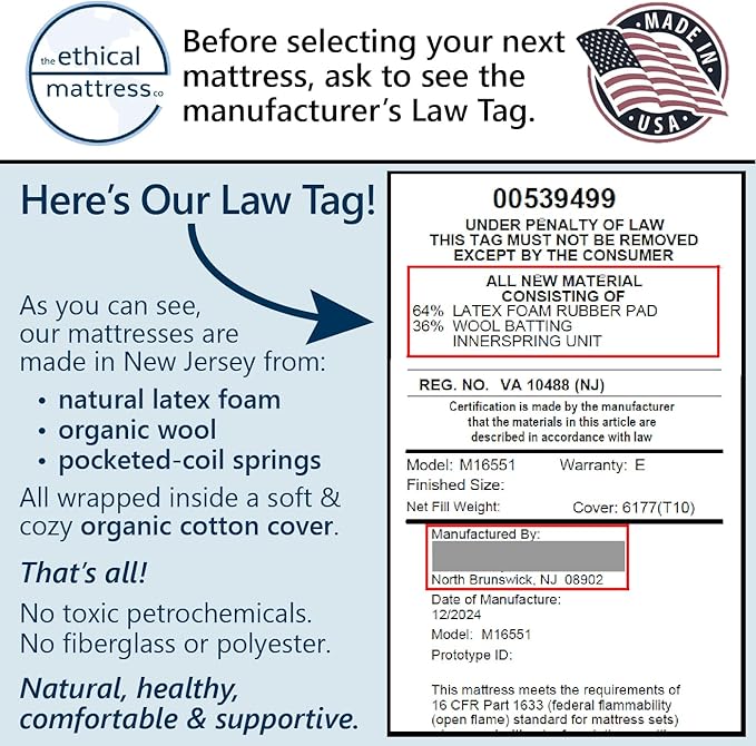 Ethical Mattress CO 10" Toxin-Free Hybrid Mattress, Made in The USA with Organic Cotton, Wool, Latex & Pocketed Coils (No Fiberglass or Polyfoams) Comfortable & Supportive Bed-in-Box - Twin XL Size