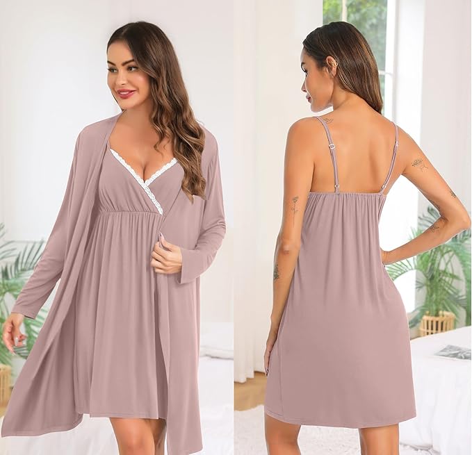 SWOMOG Womens Maternity Robe 2 Piece Nursing Nightgown for Breastfeeding 3 in 1 Labor Delivery Nursing Dress Lace Bathrobe