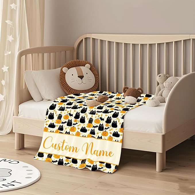 Ship Next Day, Personalized Halloween Blanket for Boys Girls - Printed in USA, Custom Baby Blanket with Name Super Soft Plush Flannel, Halloween Decor Christmas Brithday Gifts for Kids Toddlers