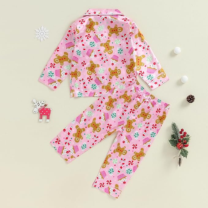 Toddler Kids Baby Girl Solid Pjs Ruffle Long Sleeve Button Shirt Top and Pants Cotton 2Piece Pajamas Set
