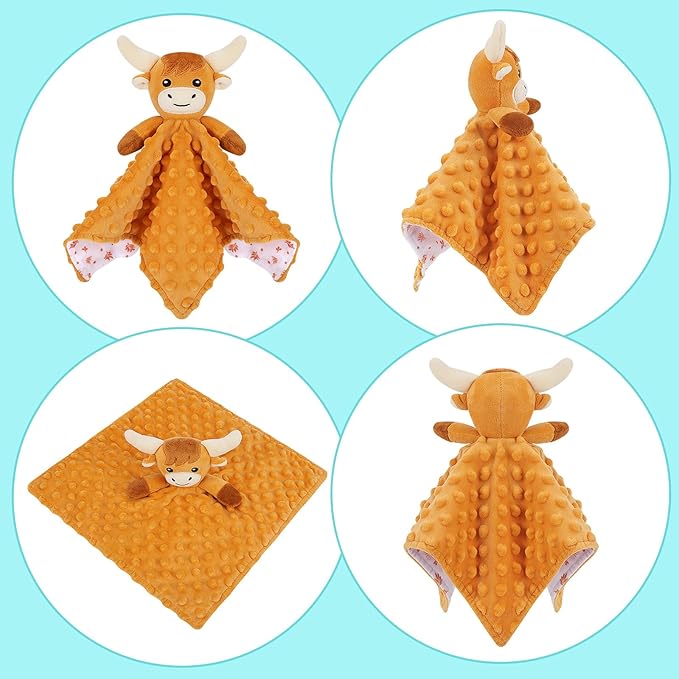 Loveys for Babies,Soft Baby Security Blanket for Newborn Infant Toddler Snuggle Toy Stuffed Animal,Lovey Highland Cow Security Blankets Baby Unisex Gifts(Brown Highland Cow,12.2in)
