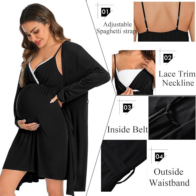 SWOMOG Womens Maternity Robe 2 Piece Nursing Nightgown for Breastfeeding 3 in 1 Labor Delivery Nursing Dress Lace Bathrobe