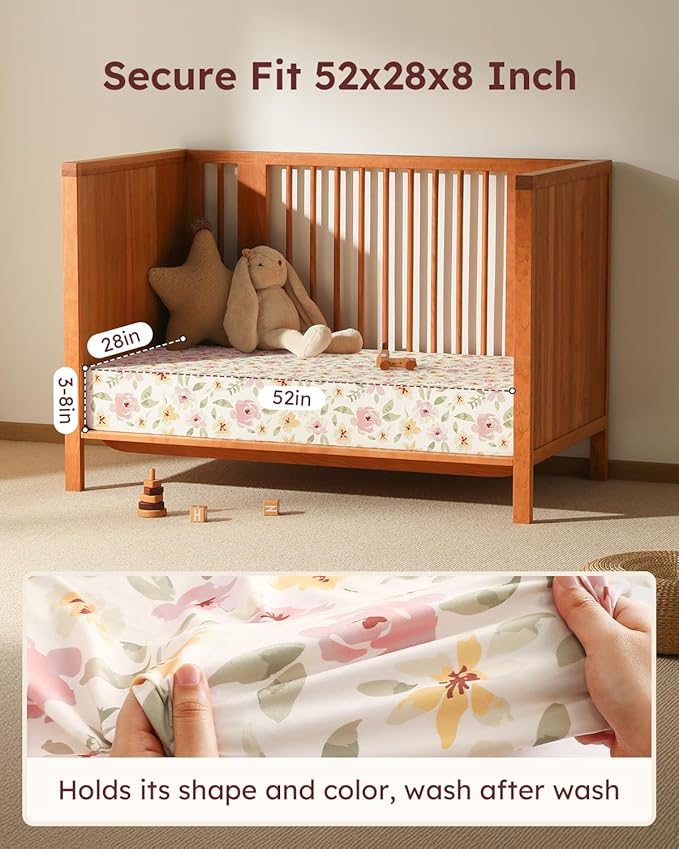 Baby Crib Sheets for Boys Girls, Fitted Crib Sheet Neutral 3 Pack for Standard Crib and Toddler Mattress, Breathable Soft Microfiber Baby Sheet 28x52x8in Pink Flowers & Leaf