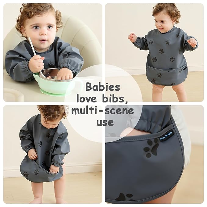 Baby Bib with Long Sleeves Bib & BLW, Machine Washable & Soft and Skin-Friendly Material, Coverall Bibs for Baby Feeding, Waterproof and Easy to Clean, for Baby Infant Toddlers (Dark Grey)