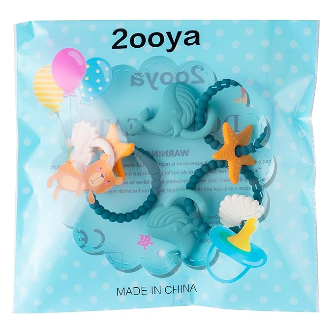 Silicone Teether Toys for Babies - 2ooya 3Pcs Summer Ocean Beach Themed Teething Ring, Baby Sensory Chew Toys with Rattles for Newborn Boy and Girl to Soothe Sore Gums, Baby Shower Birthday Gifts