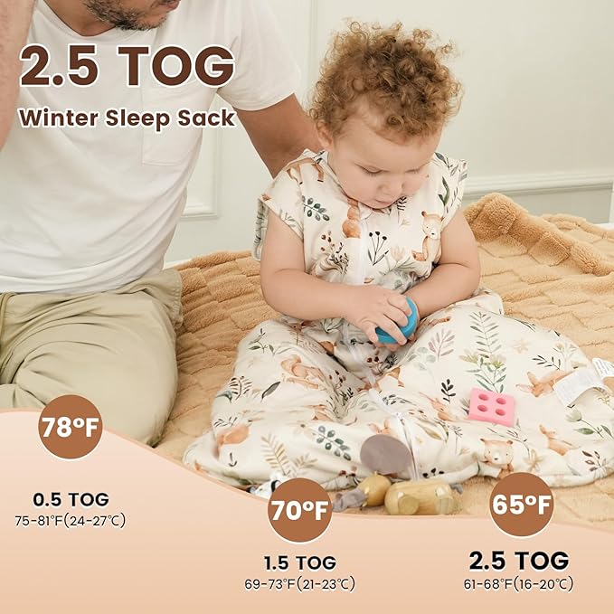PHF 100% Cotton Baby Sleep Sack 6-12 Months, 2.5 TOG Winter Baby Wearable Blanket with 2-Way Zipper, Warm Comfy Quilted Sleeping Bags, Infant Sleeping Sack for Newborn Boys, Medium Size, Woodland