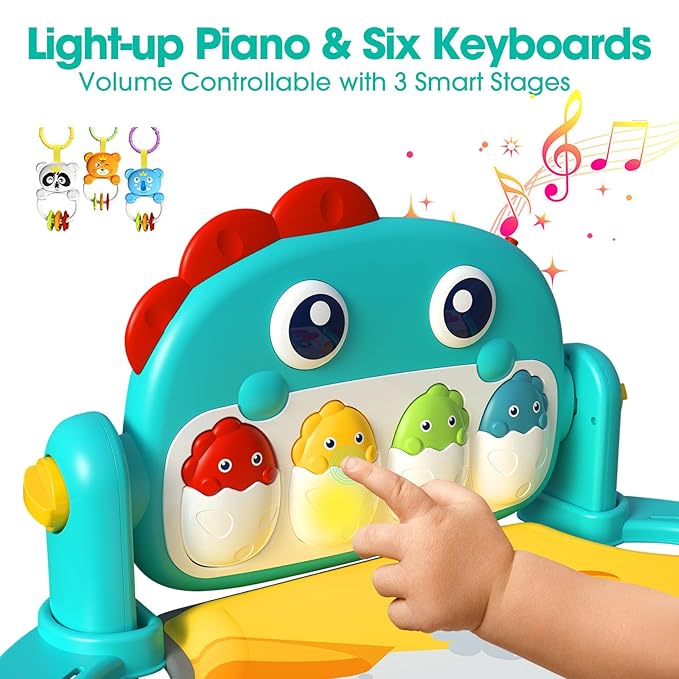 Baby Play Mat,Funny Tummy Time Mat Toys,Music & Light Kick and Play Piano Mat, Baby Play Gym for Newborn Infant,Baby Activity Center Mat with 5 Sensory Baby Toys 0-6-12 Months Dinosaur Theme