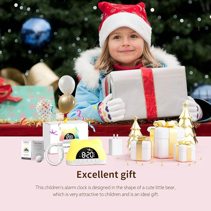 Hournor Kids Alarm Clock, Ok to Wake Alarm Clock for Kids, Toddlers Sleep Training Clock with 12 Colors Night Light for Bedroom, Sound Machine, Birthday Gift for Boys Girls Children(Adapter Include)