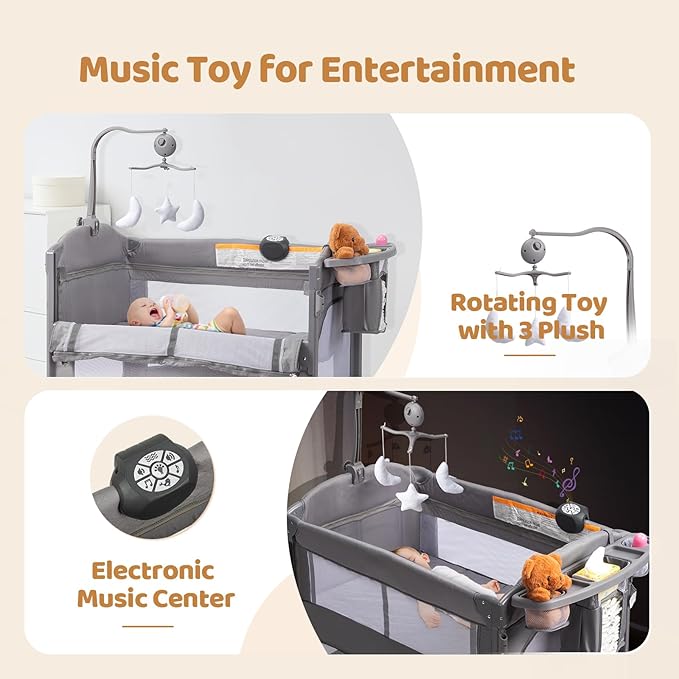 JOYMOR 9 in 1 Bedside Bassinet with Changing Table, Pack and Play with Bassinet, Convert to Rocking Baby Bed with Electric Music Center, Mosquito Net, Toy, Storage, Gray