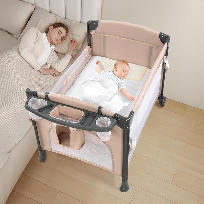 JOYMOR Twin Bassinet for Baby, Beige Bedside Bassinet, Convertible to Bedside Sleeper and Playpen, with Wheel, Brake, Foldable Side Sleeper,Beige