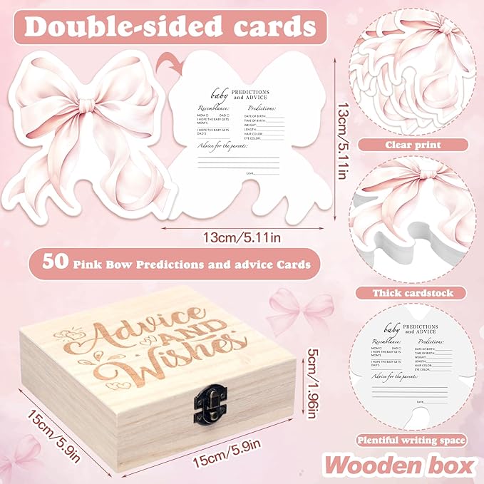 50 Pcs Double Side Pink Bow Baby Predictions & Advice Pink Bow Cards for New Parents Baby Shower Games with Cards Wooden Keepsake Box for Wishes Decorations