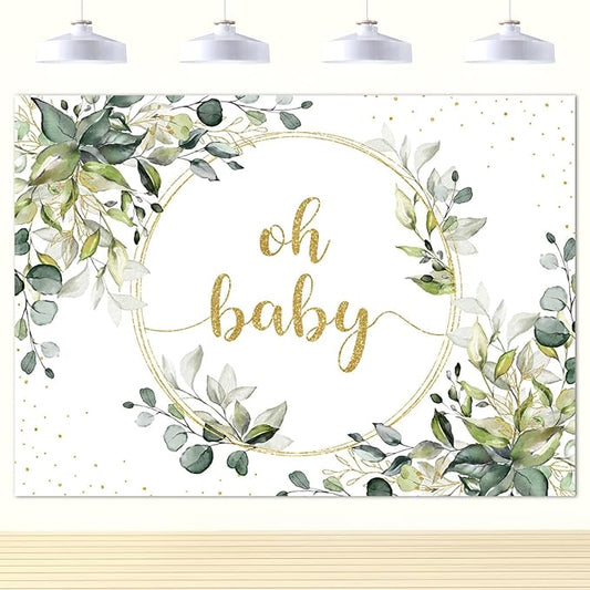 Mocsicka Greenery Baby Shower Backdrop Gold Oh Baby Background Green Eucalyptus Baby Shower Party Cake Table Decoration Banner Photo Booth Props (10x7ft)