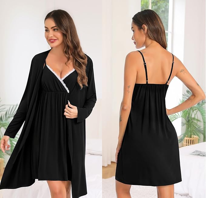 SWOMOG Womens Maternity Robe 2 Piece Nursing Nightgown for Breastfeeding 3 in 1 Labor Delivery Nursing Dress Lace Bathrobe