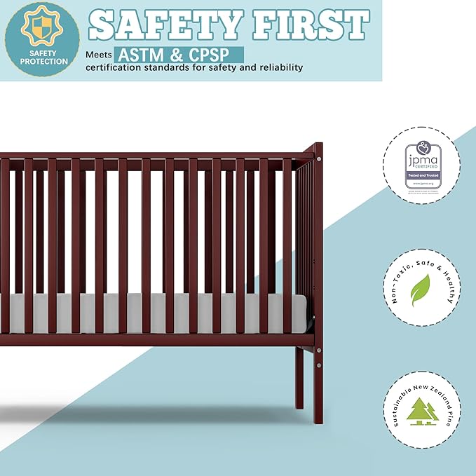 Baby Crib 5-in-1 Convertible, Wood Full Size Toddler Bed for Small Baby, Made of Sustainable Natural Pinewood Cribs, Non-Toxic Finish, Simplistic Nursery Furniture (Espresso)