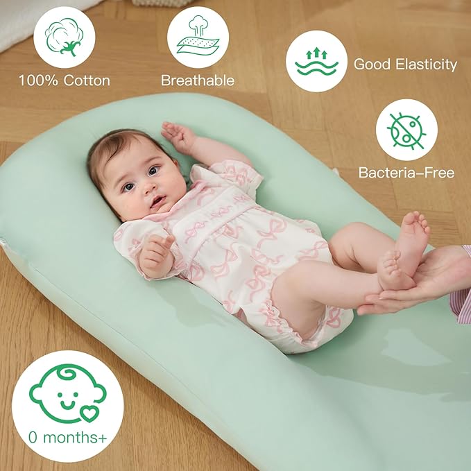 Lucakuins Baby Lounger, Bionic Design Baby Lounger for Newborn 0-24 Months, Soft Organic Cotton Breathable Lounger for Infants (Lovely Green)