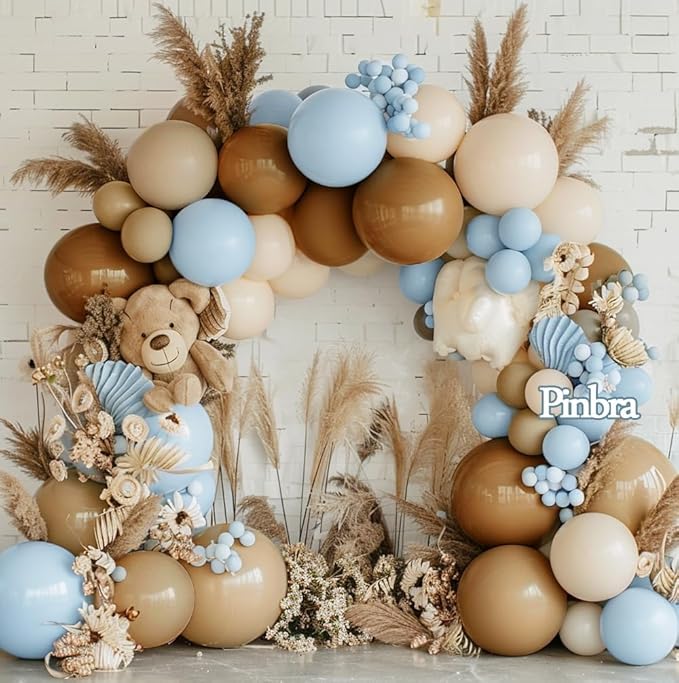 Brown And Blue Balloon Garland Double Stuffed Nude Tan Light Blue Beige Latex Balloon Arch Kit for Neutral Baby Shower Teddy Bear Gender Reveal Wedding Birthday Party Decorations