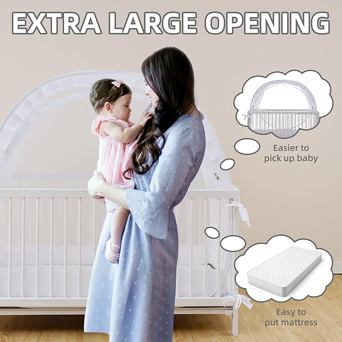 Lazyzzzz Baby Crib Tent - Pop Up Crib Canopy with Double Zipper Self-Locked,1200 Holes/Inch Mesh Crib Net to Keep Baby from Climbing Out, Portable Easy Install 55" L x 27" W x 51" H White
