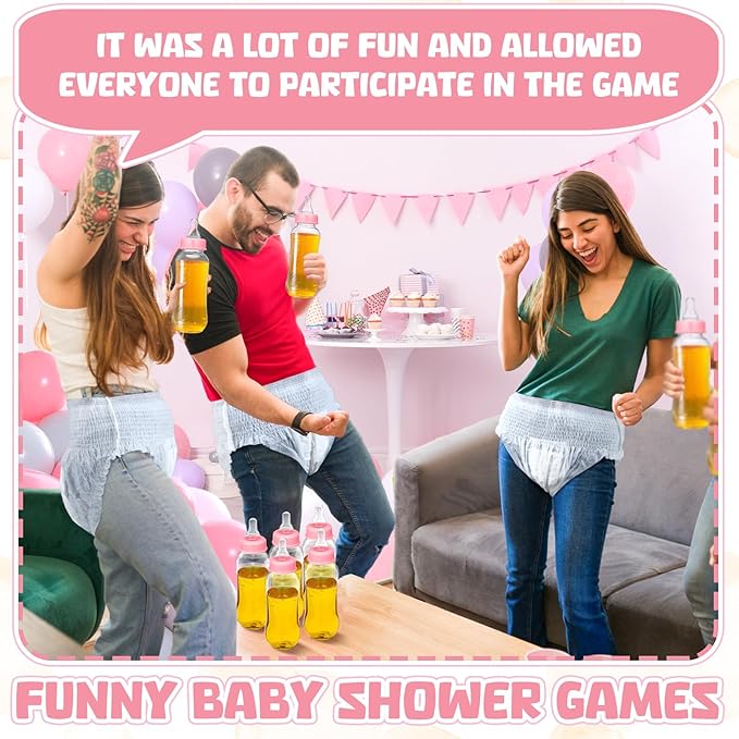 Hushee 6 Sets Funny Plastic Bottle Chug Baby Shower Games Diaper Baby Shower Game Gender Reveal Race Gifts Decoration for Adults Boys Girls (Pink)