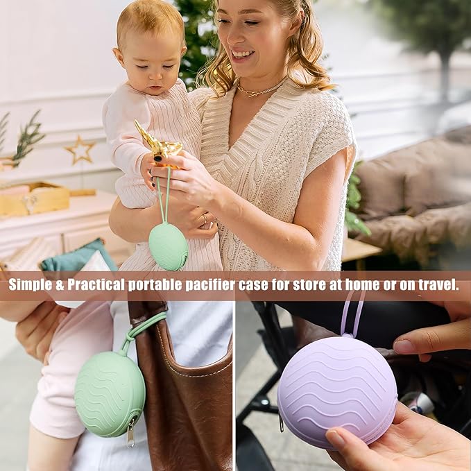 3 Pack Silicone Pacifier Holder Case, BPA-Free Cover Pouch for Baby, Portable Storage Container for Diaper Bag Stroller, Travel Outdoor Activities, Easy to Clean (Green, Grey, Purple)