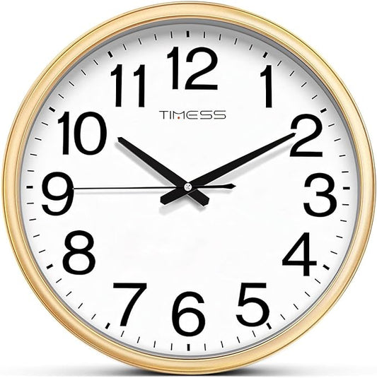 Wall Clock, 16 Inch Large Dial Non-Ticking Silent Battery Operated Quality Analog, Ultra-Quiet Movement Quartz, Timeless Stylish Clock, Ideal Modern Home, Office Décor (Gold)