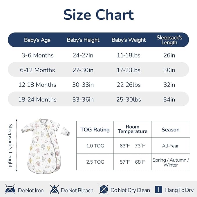 Baby Sleep Sack 12-18 Months, Cotton Detachable Long Sleeve Sleep Sack, 1.0 Tog Toddler Sleeping Sack with Temperature Strips, 2-Way Zipper Wearable Blankets for Newborns, Hot Air Balloon