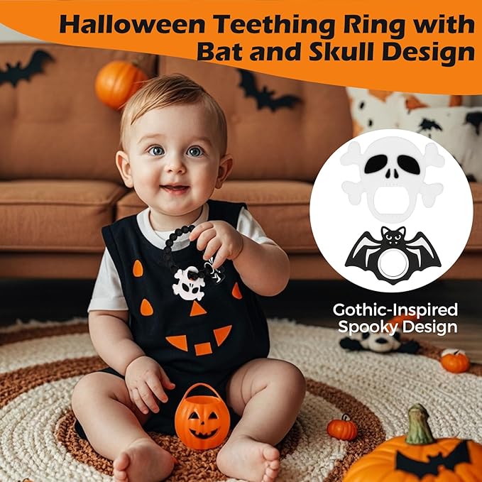 Halloween Baby Teething Ring Toys – Skull & Bat Silicone Teethers for Newborns, Infants & Toddlers – Sensory Chew Bracelet for Teething Relief – Perfect Baby’s First Halloween Basket Stuffers