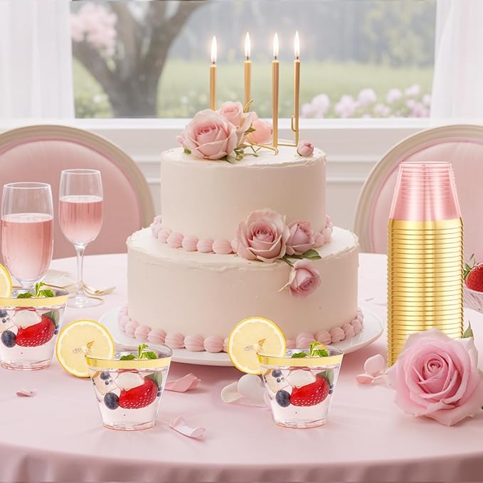 supernal 100 Pcs Pink Plastic Cups, 9oz Pink Disposable Cups with Gold Rim, Plastic Wine Cocktail Glasses Perfect for Party, Wedding and Birthday, Cute Cocktail Party Cup Disposable