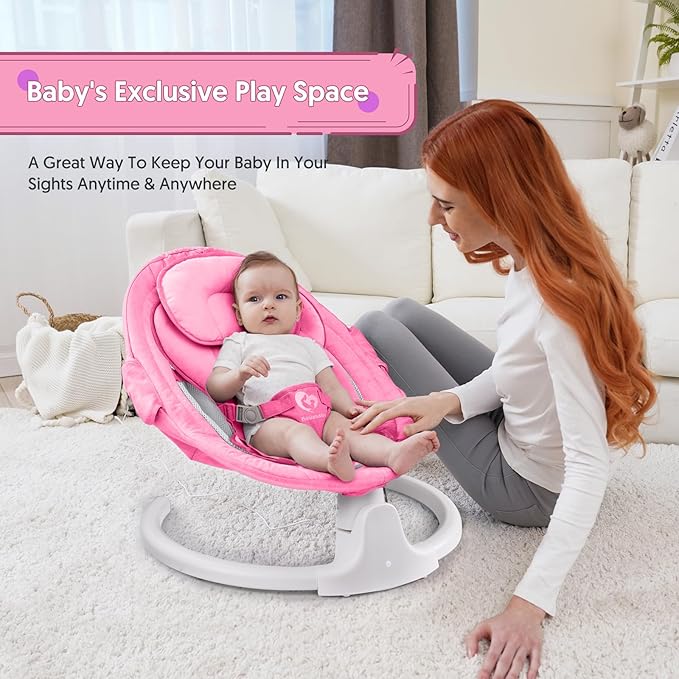Bluetooth Baby Swing for Infants, mecedora eléctrica para Bebe, 3 Seat Positions, 5 Swing Speed, 10 Music, Remote Control, USB Plug-in Power, Reversible Cushion, Compact & Portable, Pink, Girl