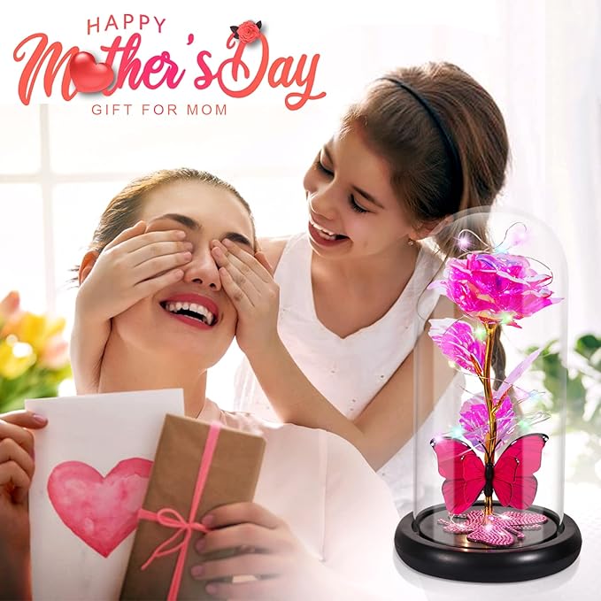 DEEMEI Birthday Gifts for Women Pink Rose Eternal Flower Light Up Rose in Glass Dome with Butterfly, Flowers for Delivery Prime Anniversary Grandma Mom Gift Wife Girlfriend