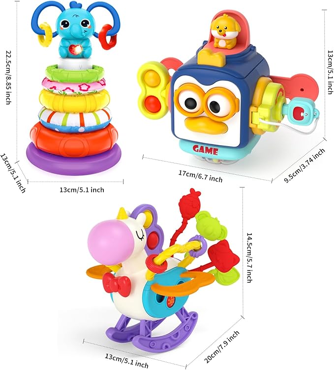 Baby Toys for 1+ Year Old, Busy Board Sensory Toys for Toddlers 1-3, Baby Toy for 12-18 Months, Pull String Teether, Stacking Blocks, 3 in 1 Travel Toy Gifts for 1 2 3 Year Old Boy Girl