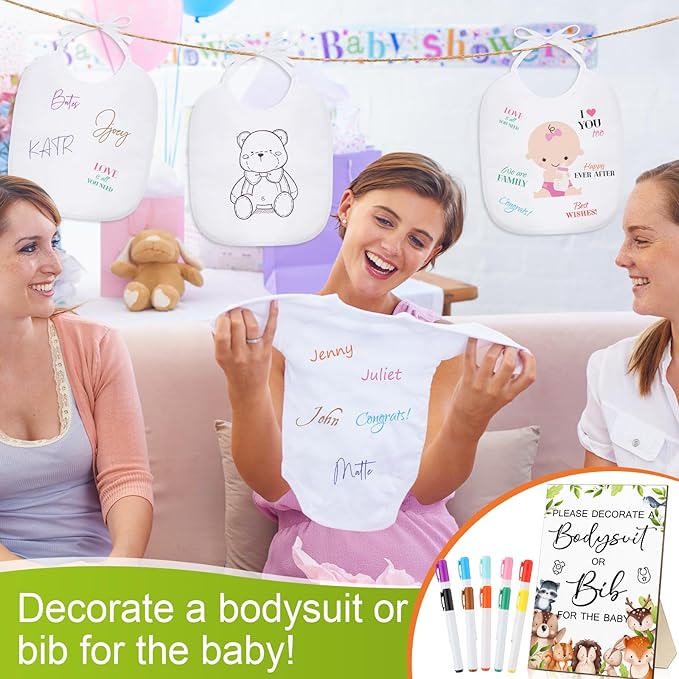 Roowest 35 Pcs Baby Shower Bibs Games Design Wooden Baby Shower Party Game Sign DIY Bodysuit Sign 15 White Blank Feeder Bibs 9 Newborn Bodysuit 10 Markers for Boys Girls (Animal)
