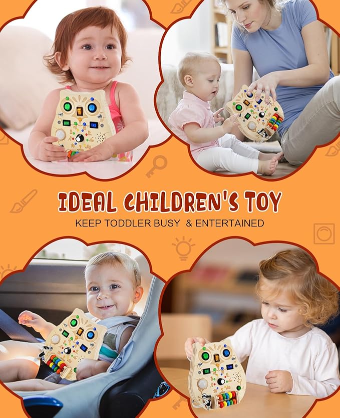 Busy Board Montessori Wooden Sensory Toy with LED Light Switches, Music, Toddler Light Switch Activity Travel Toys for 1 2 3 Year Old Boys Girls Toddler Toys Gifts