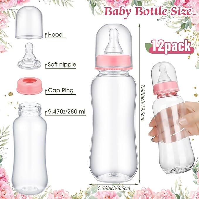 TrelaCo Cool Baby Shower Games Wooden Bottle Chug Sign Rustic Theme Gift Sets and 12 Pcs Baby Bottle Shower Favor for Rustic Kraft Games Gender Reveal (Pink Elephant)