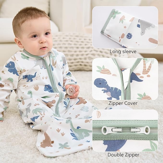 Baby Sleep Sack 0-6 Months, Long Sleeve Baby Wearable Blanket 0.5 Tog with Mittens, 2-Way Zipper Newborn Cotton Sleeping Sack for Boy and Girl Green Dinosaur 2 Pack (Small)