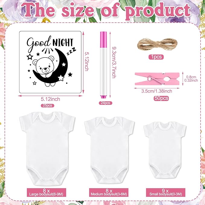 Panitay 126 Pcs Baby Shower DIY Bodysuit Set Rustic Kraft Baby Shower Game Sign DIY Bib 25 Blank White Newborn Bodysuit 25 Stencils 24 Marker 1 Sign 50 Pins for Gender Reveal(Butterfly)