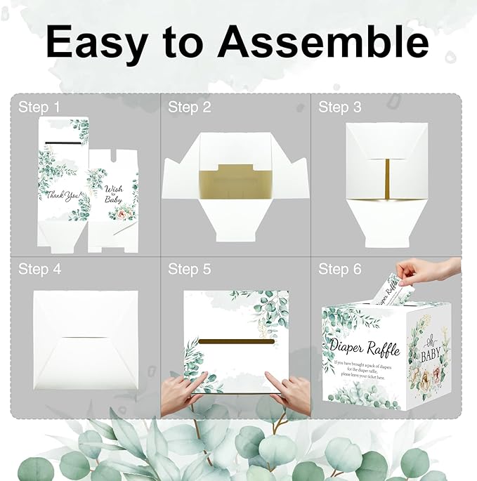 Baby Shower Games, Greenery Diaper Raffle Box for Baby Shower, 50 PCS Diaper Raffle Tickets Card Box with Advice and Wishes for the Parents-to-be, Baby Shower Decorations, Diaper Raffle Sign