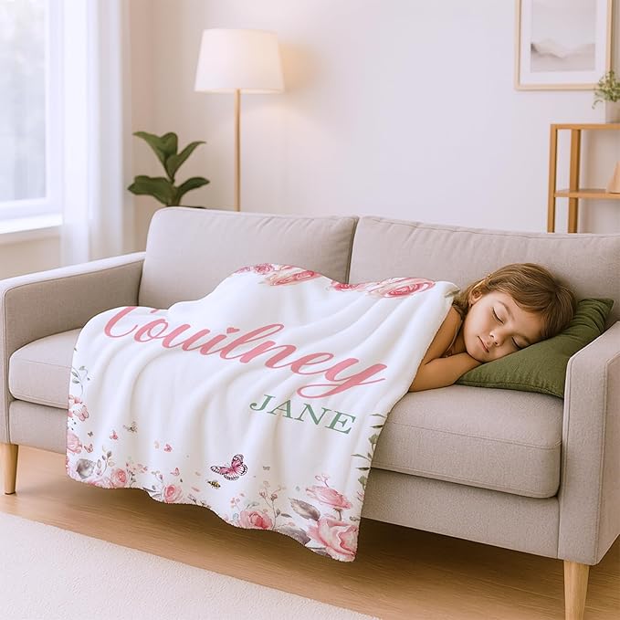 Ship Next Day, Personalized Baby Blanket for Girls- Printed in USA, Custom Baby Blankets with Name Floral Rose Blanket for Infant Newborn Shower(Rose)