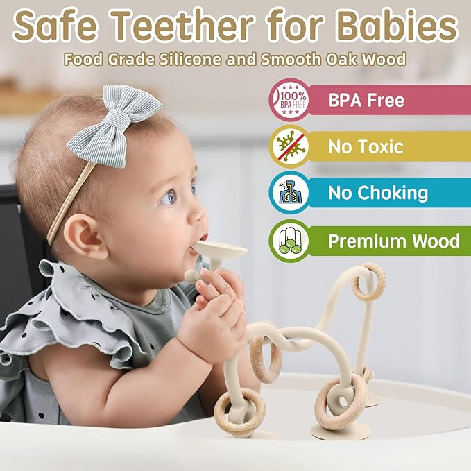 Baby Sensory Teething Chew High Chair Suction Toys for Infant Toddlers 6 12 18 24 Months, Food Grade Silicone Teether with Oak Loop Montessori Educational Baby Bath Toy Gifts (Beige)
