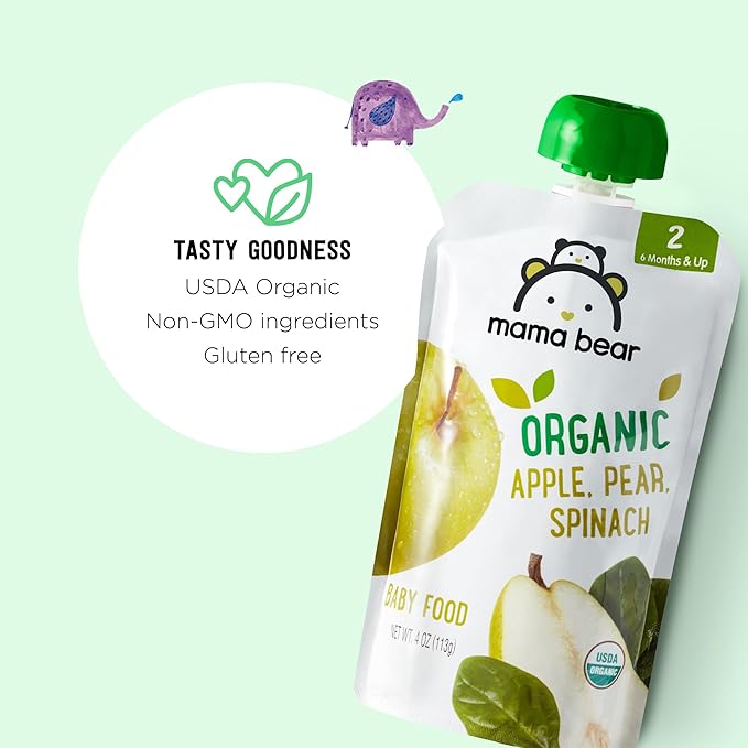 Amazon Brand - Mama Bear Organic Baby Food, Stage 2, Apple, Pear, Spinach, 4 ounce (Pack of 12)