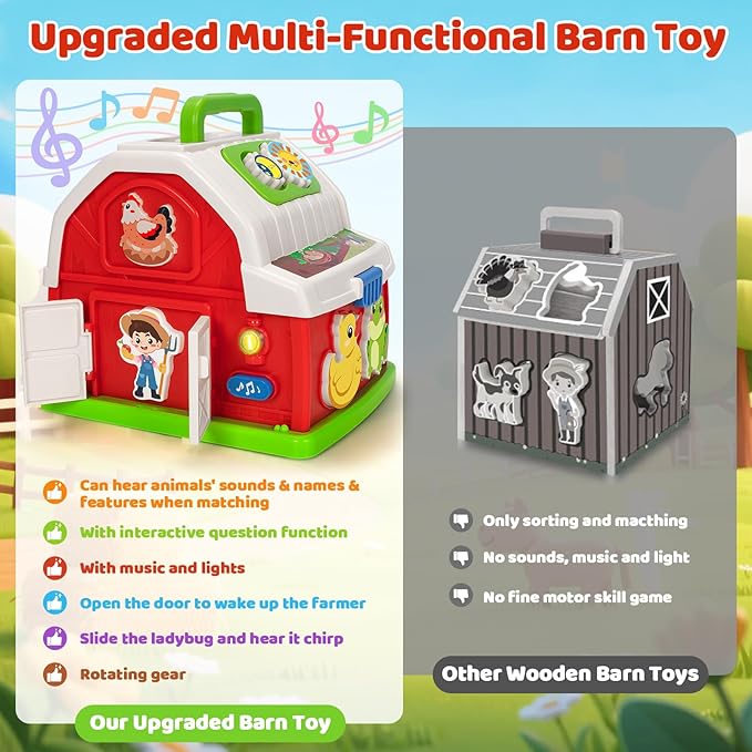 Montessori Toys for 1 2 3 Year Old Boys Girls, Musical Barn Farm Animal set for Toddler, Shape Sorting Educational Toy for Baby 12-18 Month, Learning Fine Motor Skills, Christmas Birthday Easter Gifts