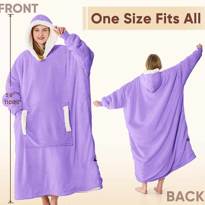 yescool Wearable Blanket Hoodie - birthday gifts for Adults/Women/mom, Flannel Cozy Sherpa Fleece Blanket Sweatshirt with Hood, Pocket & Sleeves, Large, One Size Fits All (Lavender)