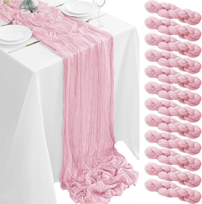 12Pack Pink Table Runner 35 x 120 inch Cheesecloth Table Runner 10FT Boho Table Runners Rustic Gauze Cheese Cloth Table Runners for Party Wedding Birthday Dining Bridal Shower Baby Shower Decor