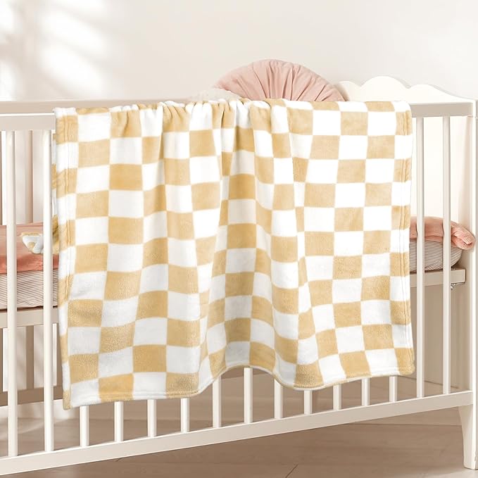 Plush Checkered Baby Blanket for Boys Girls Nursery, 30"*40" Warm Short Fleece Blanket Neutral for Infant Newborn, Small Fuzzy for Sleeping, Chenille or Stroller (Sand Yellow&White)