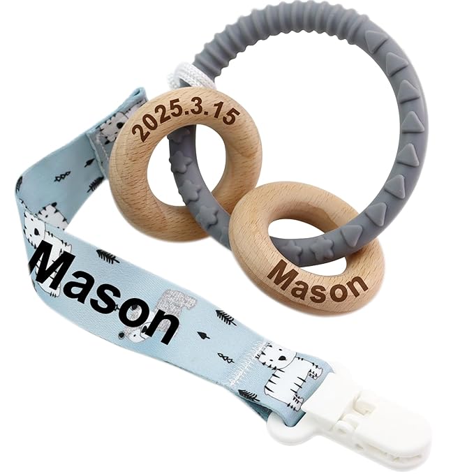 Personalized Baby Rattle and Teether Ring Toy for Boys and Girls Gift,Custom Name Rattle Toy Newborn Teether Ring (Grey)