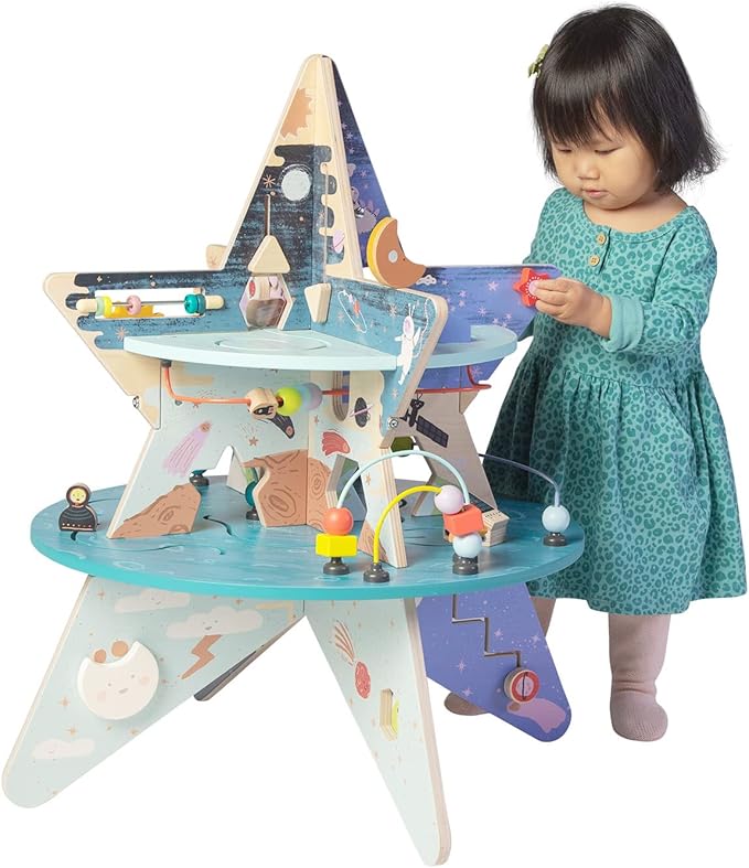 Manhattan Toy Double-Decker Celestial Star Explorer Wooden Activity Center with Shape Gliders, Spinners, Bead Runs and Alluring Artwork