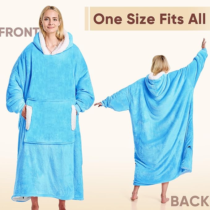 yescool Wearable Blanket Hoodie - birthday gifts for Adults/Women/mom, Flannel Cozy Sherpa Fleece Blanket Sweatshirt with Hood, Pocket & Sleeves, Large, One Size Fits All (Turquoise)