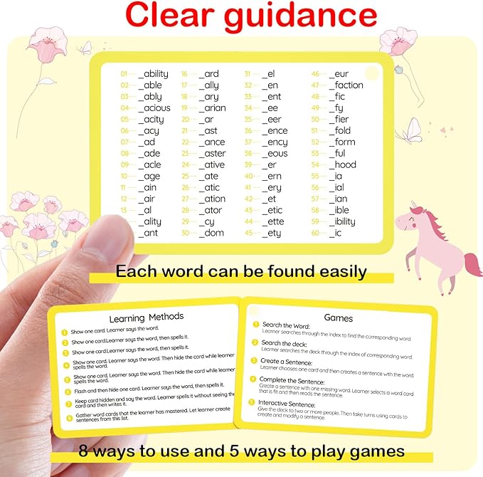 WJPC 116 Set Phonics Suffix Words Flash Cards,Phonic Sigh Words Flash Cards for 7,8,9,10,11,12 Years 2nd, 3rd, 4th, 5th Grade Boys&Girls&Kids Learning Writing Reading