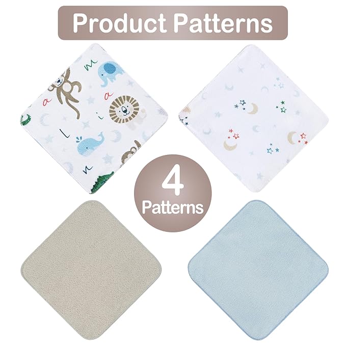 Viviland Baby Washcloths, Super Soft Baby Bath Towels for Newborn 24 Pack, Absorbent Face & Body Wash Cloth for Baby Boy, Animal Pattern, 9 x 9 inch