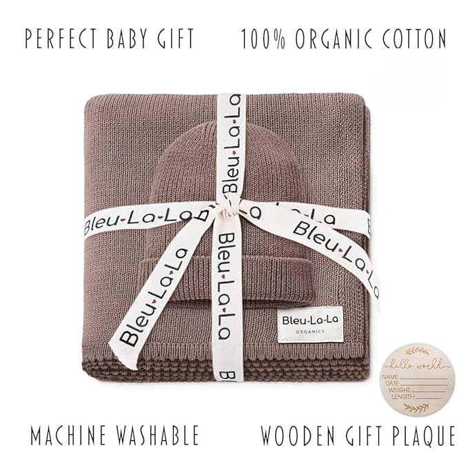 Luxe Collection 100% Organic Luxury Knit Baby Blanket + Hat Set (Milk Chocolate)
