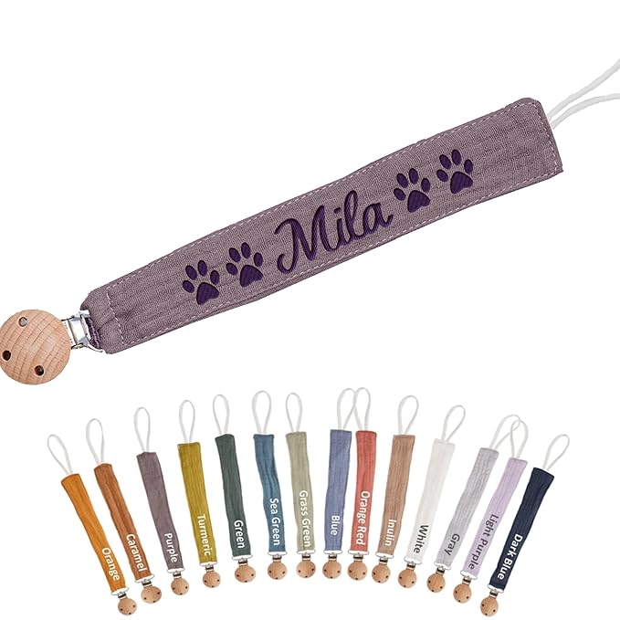 Custom Boho Pacifier Clip Holder with Embroidered Name – A Perfect Personalized Baby Baptism Gifts in Eco-Friendly Bamboo! (Purple)